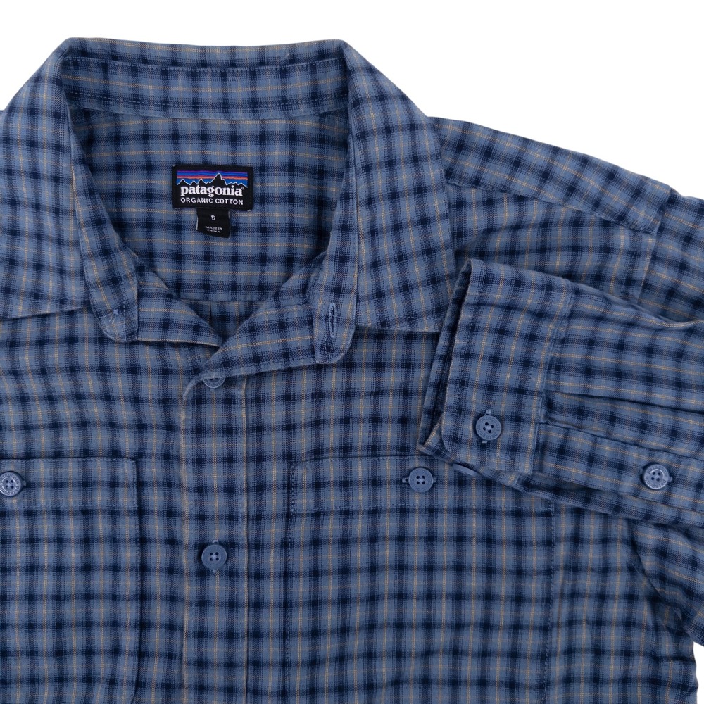 Patagonia Men's Small Long Sleeved Pima Cotton Shirt Blue Plaid Hiking Gorpcore